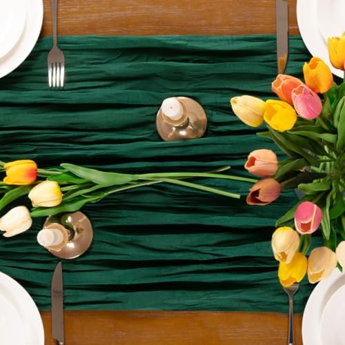 Emerald Green Cheesecloth Table Runner Boho Wrinkled Gauze Table Runners - Image 6