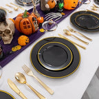 SUT 350-Piece Black and Gold Disposable Plates - Elegant Plastic Dinnerware for 50 Guests, Includes Cups & Napkins | Durable Leak-Proof Design for Weddings, Birthdays, Holidays - Image 7