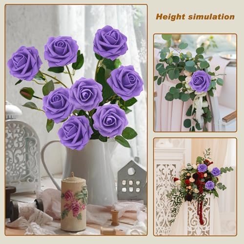 100PCS Dark purple Artificial Flowers Realistic Roses, Real Looking Fake Roses with Stem for DIY Wedding Bouquets Centerpieces Bridal Shower Party Home Romantic Decorations (Dark purple, 100pcs) - Image 4