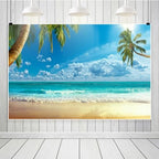 Laeacco Summer Seaside Beach Backdrop 10x8ft Tropical Beach Backdrop Crooked Palms Blue Sky White Clouds Ocean Waves Hawaiian Backdrops Wedding Photo Shoot Studio Birthday Luau Party Supplies - Image 4
