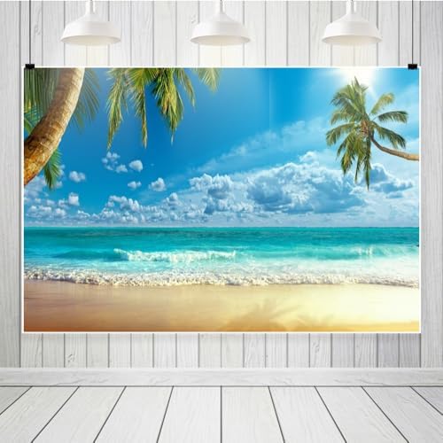 Laeacco Summer Seaside Beach Scenic Backdrop 15x10ft Tropical Beach Background Crooked Palms Blue Sky Clouds Surging Waves Scene Backdrop Wedding Photo Shoot Studio Birthday Luau Party Banner - Image 4