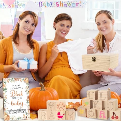 150 Pcs Fall Pumpkin Baby Shower Games Sign Kit, Including a Decorate Game Sign 102 DIY Wooden Blocks, 10 Stencils, 36 Acrylic Markers & Storage Box for Gender Reveal Party Thanksgiving ﻿ - Image 5