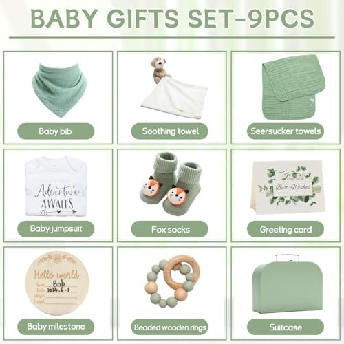 Baby Gift Set Baby Shower Gifts Basket for Newborns New Born Baby Sage Green Gift Basket with Baby Rattle Swaddle Security Blanket for Gender Neutral Baby Girls Boys - Image 4
