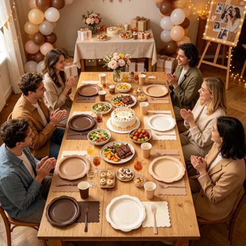 192Pcs Brown Plates and Napkins Party Supplies, Disposable 9’’ Scalloped Khaki Paper Plates Cups Napkins Forks, Gradient Party Decorations for Birthday, Baby Shower, Bridal Shower, Fall, Serves 48 - Image 5