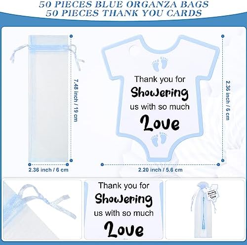 Redbaker 50 Sets Baby Shower Folding Handheld Fans Girl Boy Paper Round Shaped Accordion Fans with Baby Shower Favor Tags and Organza Bags for Guests Gender Reveal Party Favors Gifts (Blue) - Image 3