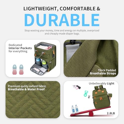 KABAQOO Diaper Bag Backpack with Detachable Changing Station, Large Capacity Baby Diaper Bags for Boys & Girls, Baby Registry Search Stuff & Shower Gifts, Newborn Essentials Must Haves, Army Green - Image 4