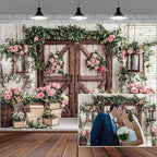 12x10ft Country Wedding Photography Backdrop Floral Rustic Roses Farmhouse Wooden Door Backdrop Pink Flower Birthday Baby Shower Wedding Bridal Party Banner Photo Booth Props Anniversary Background by Mtsxfy