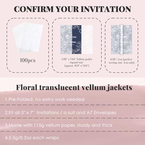 UNIQOOO 100 Pack White Grace Bloom Vellum Jackets for 5x7 Invitations, 115GSM Pre-Folded Vellum Paper, for Wedding Invitations Wraps, Vintage Theme Wedding & Events - Image 3