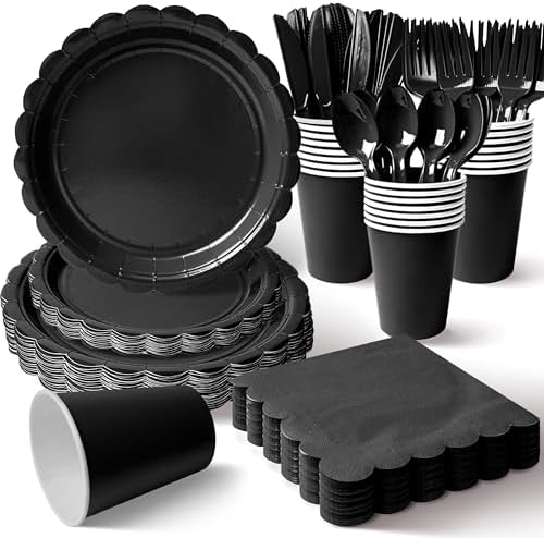Vyntra 350 Pcs Black Paper Plates and Napkins Party Supplies by PartyTablewareSupplies