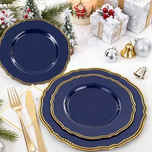 Hioasis 175 Pcs Blue Gold Plastic Plates Wedding & Party - Image 5