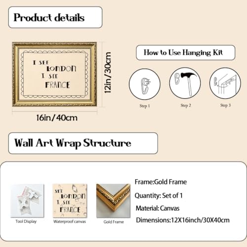 I See London I See France Wall Art Funny Bathroom Quote Wall Decor Picture Minimalist Beige Restroom Sign Poster Canvas Painting Print for Bathroom Toilet 12x16 inch Gold Framed - Image 2