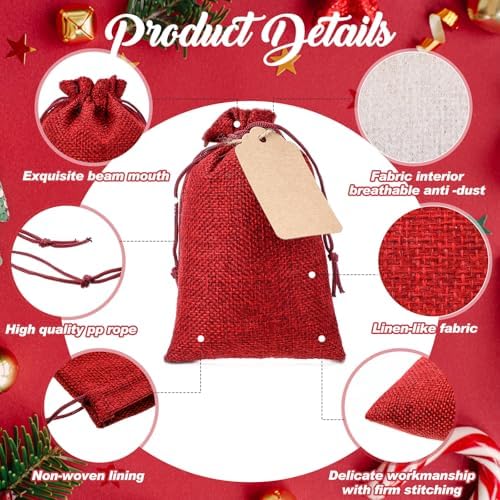 Woanger 100 Pcs Drawstring Burlap Gift Bags 4x6'' with Tags, Red - Image 3