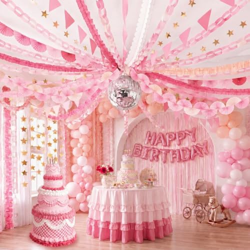 TaoBary Pink Party Decorations, 6 Roll Crepe Streamers 600 Paper Strips Chain Garland 4 Star Hanging 2 Felt Pennant Flag 2 Paper Fans Garland 6 Four Leaf Clover Streamers for Birthday Party - Image 2