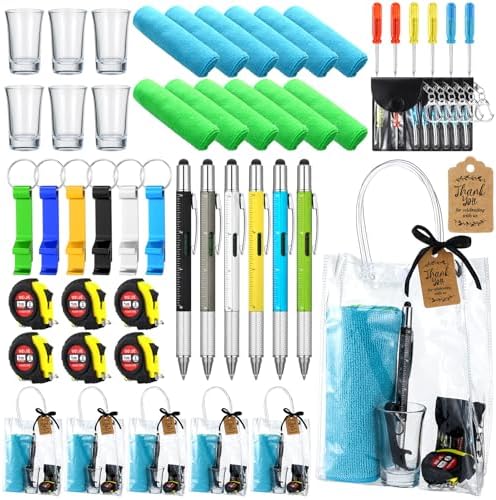 Leinuosen 6 Sets Baby Shower Game Prizes for Men with Cleaning Cloth Bottle Opener Screwdriver Tape Measuring Keychain Multi Tool Pen Gift Bag Funny Baby Shower Prizes for Winner by Leinuosen