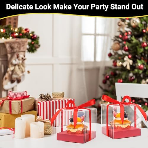 EUSOAR Cupcake Boxes, 3.5 Inch 100 Packs Muffins Gift Wrappers individual Cupcake Containers with Ribbon, Clear Dessert Pastry Holder Disposable Cookies Carrier for Wedding Party Favor Bakery-Red - Image 6