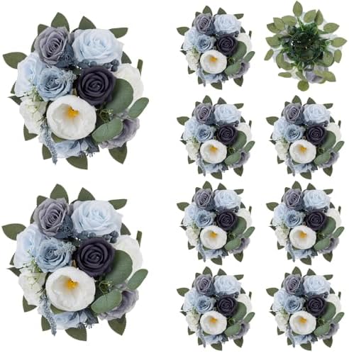 BLOSMON Artificial Flowers Ball Wedding Centerpieces 10 Pcs Dusty Blue Rose Artificial Flower Center Pieces Decoration for Table Silk Kissing Ball Floral Bouquet Arrangements Home Party DIY Decor by Blosmon