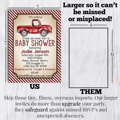 Amanda Creation Custom Baby Shower Invites Red Truck Baby Shower Invitation 20 5x7 Custom Personalized Invites With Envelopes - Image 7