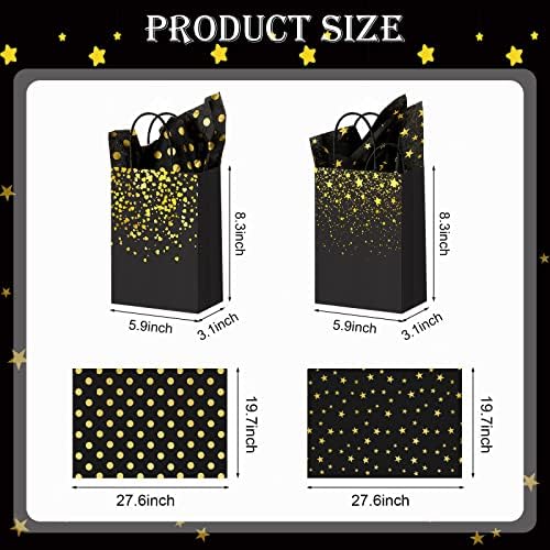 32Pcs Black and Gold Gift Bags with 32 Tissue Paper Heart Stars Dots Styles - Image 2