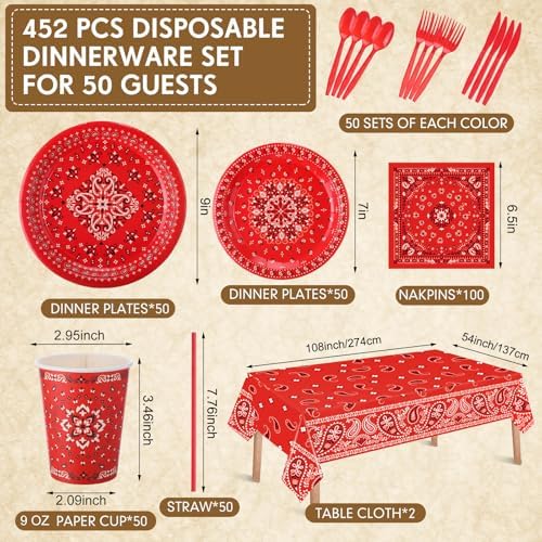 Funnymoom 452 Pcs Red Bandana Western Party Decorations for 50 Guests, Red Bandana Paper Plates Cups Napkins Tablecloth Cutlery Straws for Cowboy Cowgirl Farm Baby Shower Birthday Party Supplies - Image 2
