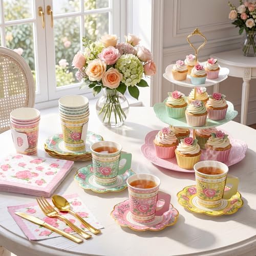 Layhit 83 Pcs Disposable Tea Party Set with 3 Tier Cake Stand Vintage Floral Paper Cups Plates Napkins Cutlery for Women Girls Birthday Baby Shower Bridal Shower Tea(Novel) - Image 4