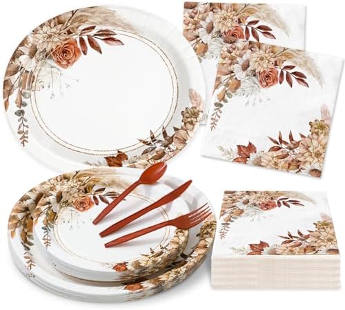 150 Pcs Boho Floral Fall Party Supplies Disposable Tableware Set Serves 25 Rustic Flower Oval Paper Plates Napkins Fork Spoon for Fall Autumn Birthday Baby Shower Wedding by Unknown
