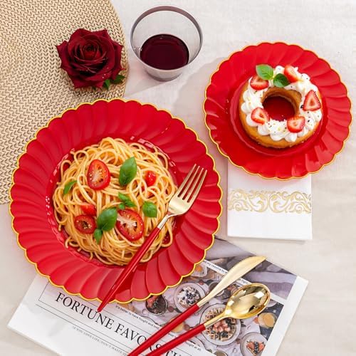 Ciaell 175 Piece Red and Gold Plastic Plates for Weddings Parties - Image 4