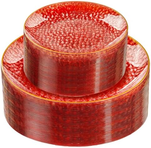 Rubtlamp 60 Pcs Red Plasitc Plates, Gold Red Disposable Plates, Fancy Party Plates, Hammered Plastic plates Include 30 Dessert Platos, 30 Dinner Platos for Party by Rubtlamp