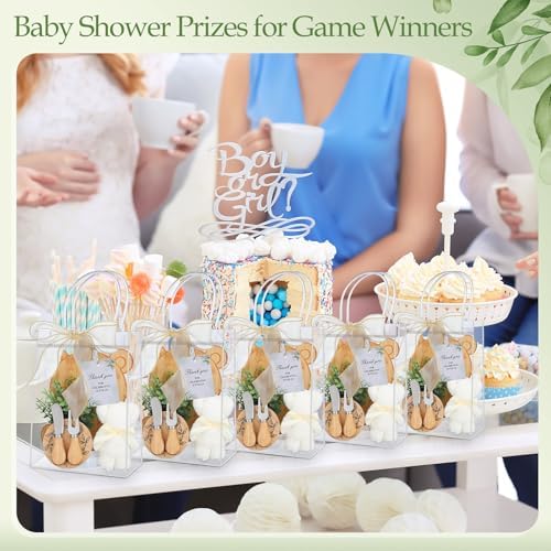 Honeydak 49 Pcs Bear Baby Shower Prizes for Game Players 6 Sets Bear Shaped Bamboo Cheese Board Fork Knives Coasters Towel Potted Plant Thanks Card Gift Bag for Baby Bridal Shower Wedding Favors - Image 5