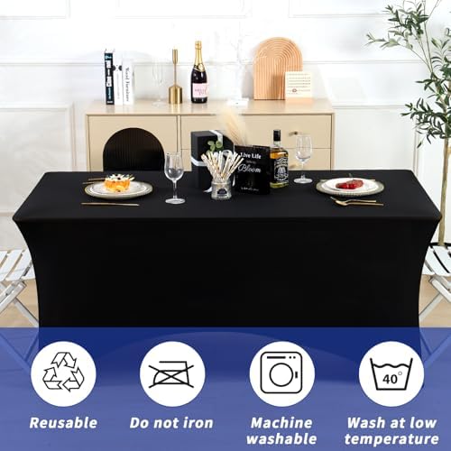 Fixwal 3 Pack 8FT Black Tablecloth Rectangle Spandex Fitted Table Cover - Image 6