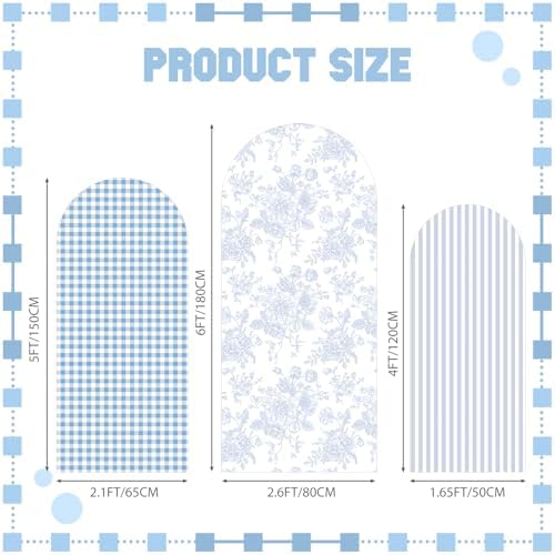 SiliFine Set of 3 Blue Chinoiserie Floral Arch Cover 4ft 5ft 6ft Striped Stretchy Backdrop Covers Gingham Patterns Backdrop Cover for Wedding Birthday Party Bridal Shower Baby Shower Celebration - Image 2