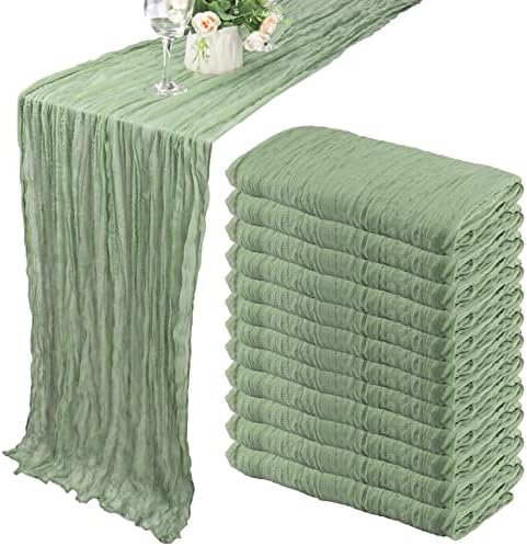 35x120 Inch Sage Green Cheesecloth Table Runner Fall Boho Wedding Decor by Fivenl