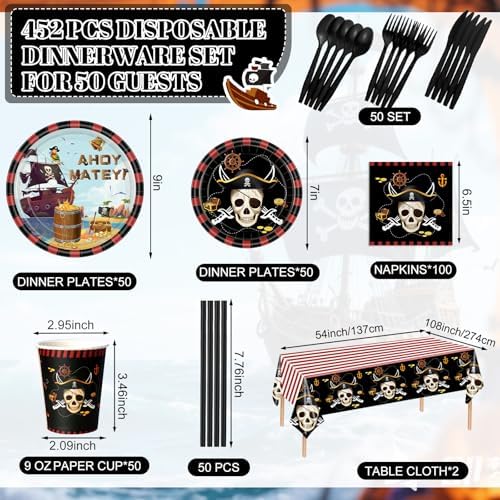 Potchen 452 Pcs Pirate Plates Napkins Party Supply, Red Black - Image 2