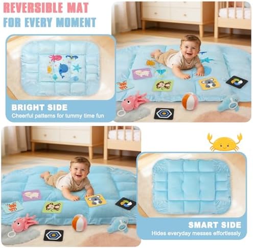 5-in-1 Tummy Time Mat Baby Activity Gym with Cartoon Pattern, Extra Thick Plush Play Floor Mat, Featuring Hanging Toys, Ocean - Image 4