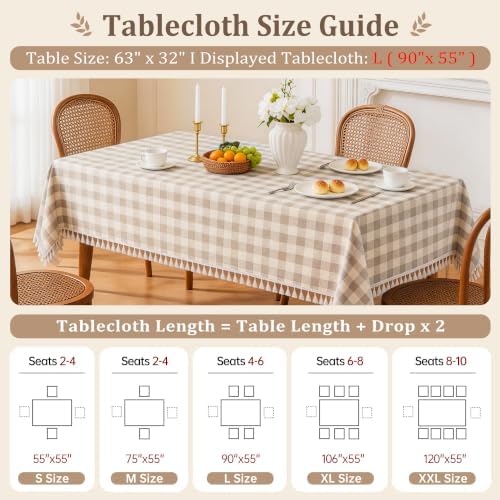 Beige Gingham Tablecloth Rectangle, Cotton Linen Checkered, 55x106 Inch - Image 5