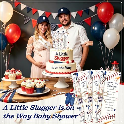 145 Pieces Baseball Baby Shower Favors for Guest Little Slugger is on Way Ballpoint Pens Keychains Gifts for Boys Bulk Retractable Baby Shower Pens Gender Reveal Thank You Cards Souvenir Party Favors - Image 7
