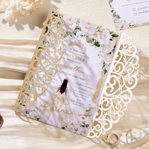 50Pcs Gold Glitter Wedding Invitations With Envelopes and RSVP Cards and Burgundy Ribbon Laser Cut Invitation Kits For Wedding Bridal Shower Quinceanera Invite - Image 4