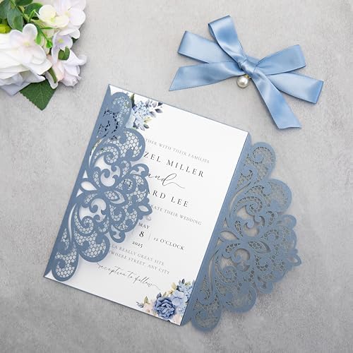 20Pcs Dusty Blue Wedding Invitation Cards With Envelopes - Image 4