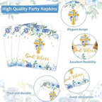 200pcs God Bless Plates Napkins Baptism Paper Tableware Set First Holy Communion Cake Dessert Disposable Dinnerware Blue Floral Party Decoration for Christening Birthday Decor Supplies Serves 50 - Image 4
