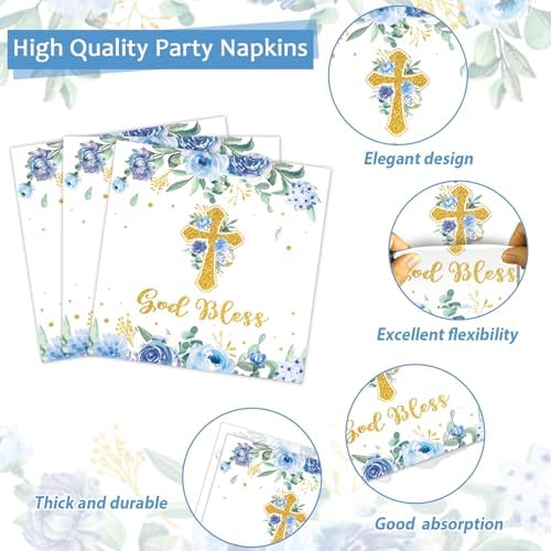 200pcs God Bless Plates Napkins Baptism Paper Tableware Set First Holy Communion Cake Dessert Disposable Dinnerware Blue Floral Party Decoration for Christening Birthday Decor Supplies Serves 50 - Image 4