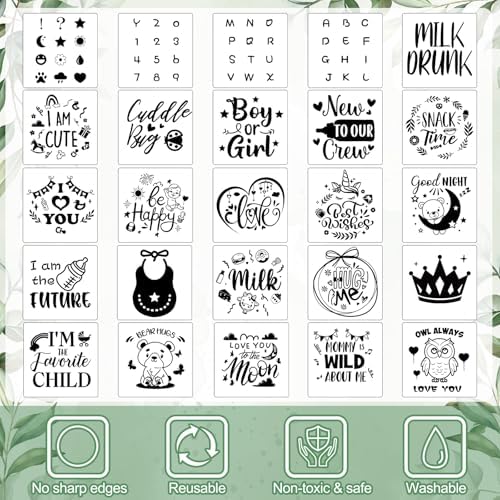 Panitay 126 Pcs Baby Shower DIY Bodysuit Set Bib 25 Blank White Newborn Bodysuit 25 Stencils 24 Marker 1 Sign 50 Pins(Greenery) - Image 6
