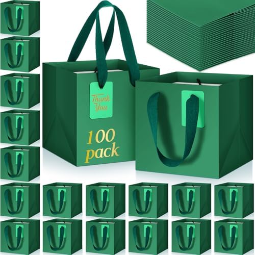 Windyun 100 Pcs Mini Paper Gift Bags with Handle 6 x 6 x 6'' Square Small Favor Bag with DIY Thank You Tag for Christmas Birthday Wedding Bridal Shower Bridesmaid Graduation Party (Green) by Windyun