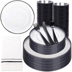 NOCCUR 350PCS Clear and Black Plastic Plates - Disposable Dinnerware Set for 50 Guests Include 100 Dinner/Dessert Plates,150 Black Cutlery,50 Cups&50 Napkins Ideal for Party/Birthday/New Year by NOCCUR