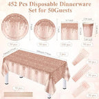 Funnymoom 452 Pcs Rose Gold Party Supplies Birthday Decorations Include Glitter Rose Gold Paper Plates and Napkins Cups Tablecloth Cutlery Straws Disposable Tableware Set for Women Birthday - Image 3