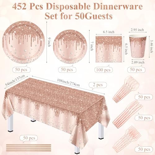 Funnymoom 452 Pcs Rose Gold Party Supplies Birthday Decorations Include Glitter Rose Gold Paper Plates and Napkins Cups Tablecloth Cutlery Straws Disposable Tableware Set for Women Birthday - Image 3
