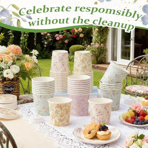 Roshtia 60 Pack Floral Themed Ice Cream Cups, 16 oz Disposable Soup Cups Microwave Safe for Floral Themed Birthday Party Women Bridal Wedding Tea Party Baby Shower, Hot or Cold Food - Image 5