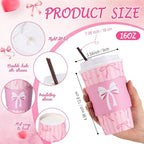 Jingmore 100 Set Pink Bow Coffee Cups with Lids, Straws and Sleeves Pink Bowknot Disposable Drinking Cup for Wedding Coquette Birthday Baby Shower Bachelorette Party Supplies (16 oz) - Image 3