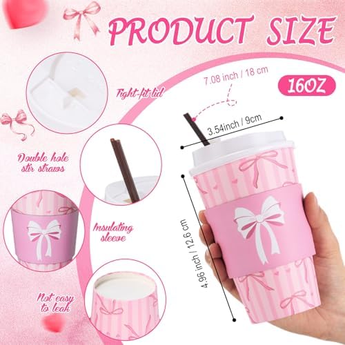 Jingmore 100 Set Pink Bow Coffee Cups with Lids, Straws and Sleeves Pink Bowknot Disposable Drinking Cup for Wedding Coquette Birthday Baby Shower Bachelorette Party Supplies (16 oz) - Image 3