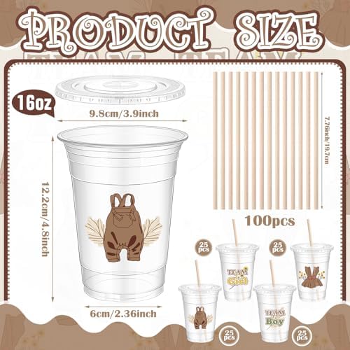 Qinyoung 100 Sets Neutral Gender Reveal Plastic Cups 16 oz with Lid Straw - Image 2