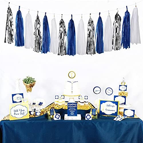 Navy Blue White Silver Party Decorations Kits 27pcs-Paper Flowers,Banner Flags,Tassel Garland Birthday Bachelorette Boy Baby Shower Gender Reveal Graduation 2022 Decorations Lasting Surprise - Image 3