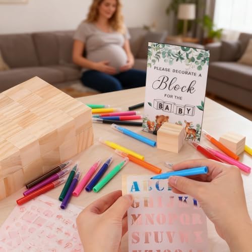 101 Pcs Baby Shower Blocks Games Sets, Baby Coloring Blocks for Baby Shower, 60 DIY 3.5cm Blank-Wooden-Block 4 Large-Stencils 36 Colorful-Marker 1 Decorate-Wooden-Sign, Baby Shower Blocks to Decorate - Image 7